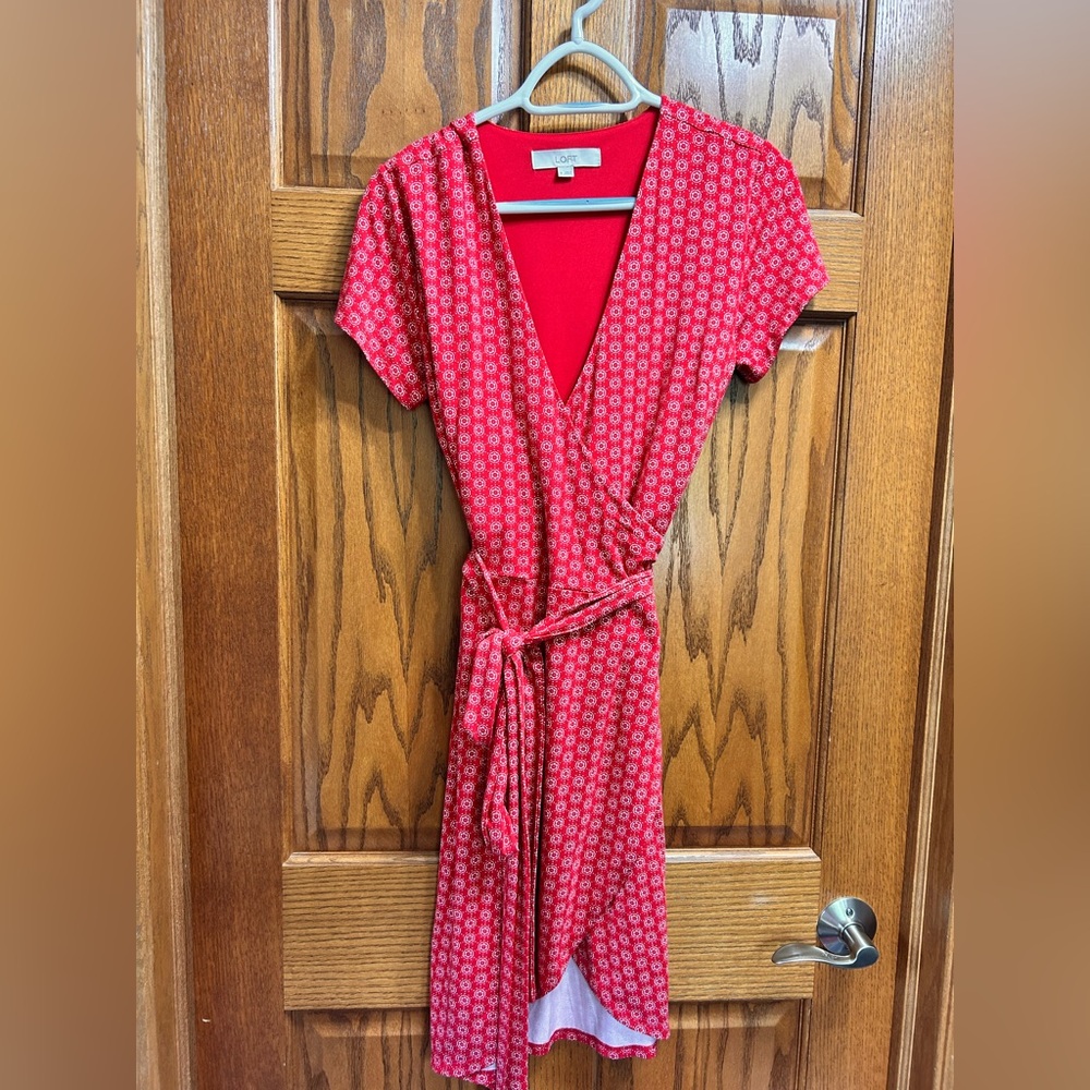 LOFT Red Wrap Midi Dress V-Neck Short Sleeve